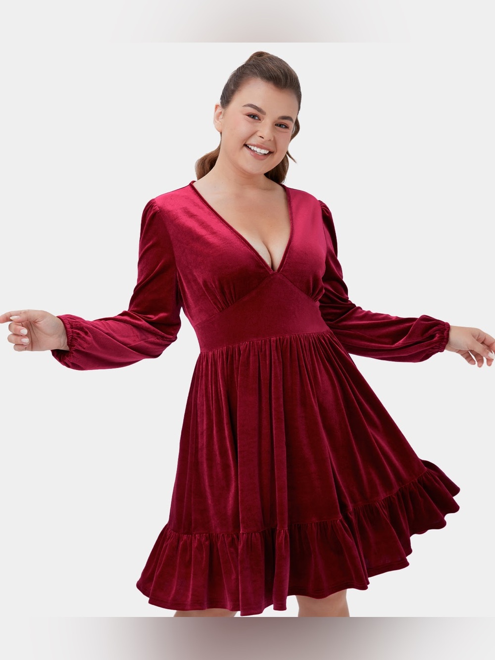 HALARA Velvet V-Neck Mini Dress in Wine Red